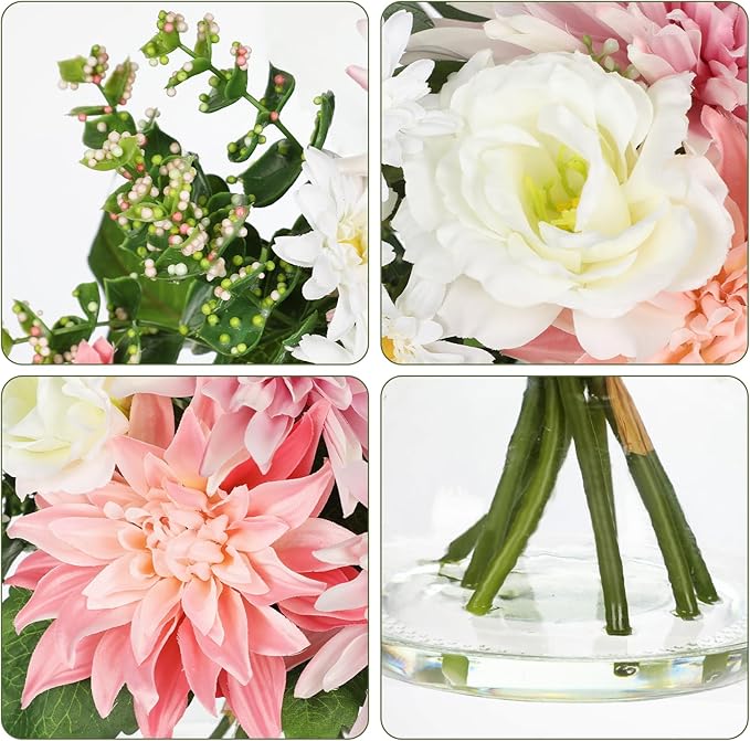 Briful Fake Flower Arrangement in Glass Vase, 11" Faux Dahlia Silk Flowers Centerpiece Table Decorations Pink Mixed Floral Bouquet for Home Office Dining Room Coffee Table Wedding Decor
