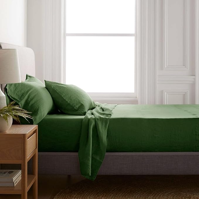 Talasily Linen Sheets-Queen Size Sheets Set,Blend from Linen Cotton Bedsheets,All Seasons Soft Breathable 4 Piece Set-Mossy Green