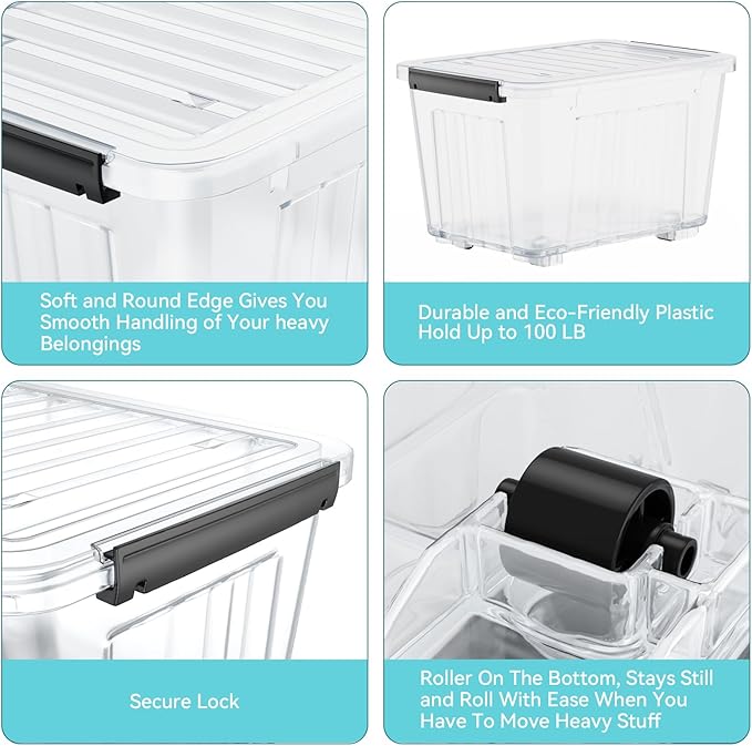 Nazhura 97 Quart Plastic Storage Bin, Stackable and Nestable Storage Boxes with Lids and Secure Latching Buckles, Large Storage Container (Clear, 97Quart-4Pack)