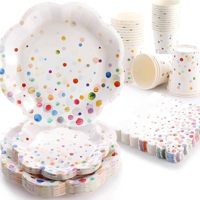 200PCS Confetti Plates Disposable Tableware Set - 50 Large & Small Colorful Polka Dot Plates, 50 Paper Cups, 50 Napkins - Perfect for Birthday Parties