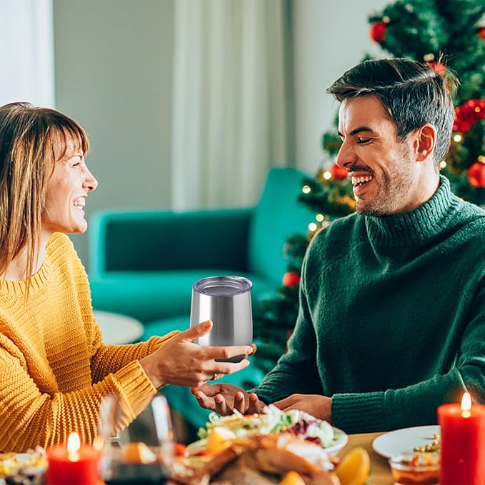 12oz/4 Pack Wine Tumbler Glasses with Lid Stemless Double Wall Vacuum Stainless Steel Travel Tumbler Keeping Cold & Hot for Wine,Coffee,Cocktails,Christmas Drinks-Family and Gifts(4 Pack-Sliver)