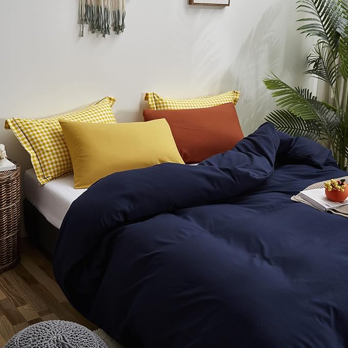 Luxlovery Navy Blue Comforter Set California King Dark Blue Bedding Comforter Set Soft Breathable Quilts Breathable Cozy Comforter with 1 Yellow+1 Caramel Pillowcase for King Bed