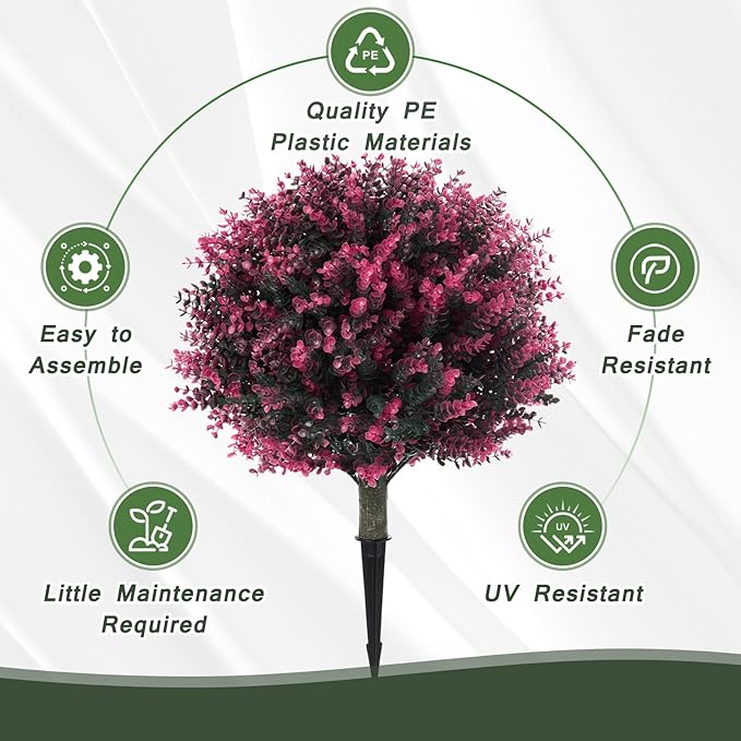 Pair(2) Artificial Rose Boxwood Topiary Ball Bush for Outdoor with Ground Spike,28" UV Resistant Faux Boxwood Ball Tree, Fake Rose Boxwood Plants for Garden, Yard, Porch, Patio Decor