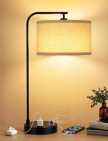 Tall Table Lamp with USB Port and Outlet, Dimmable Nightstand Bedside Lamps with Linen Lampshade, Desk Lamp for Bedroom, Living Room, Guest Room, Home Office, LED Bulb Included