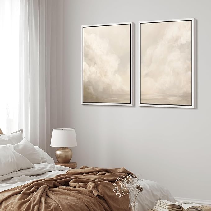 MUDECOR Framed Canvas Print Wall Art Neutral Cloudscape Soft Abstract Sky Illustrations Modern Art Decorative Bohemian Colorful Chic for Living Room, Bedroom, Office - 24"x36"x2 White