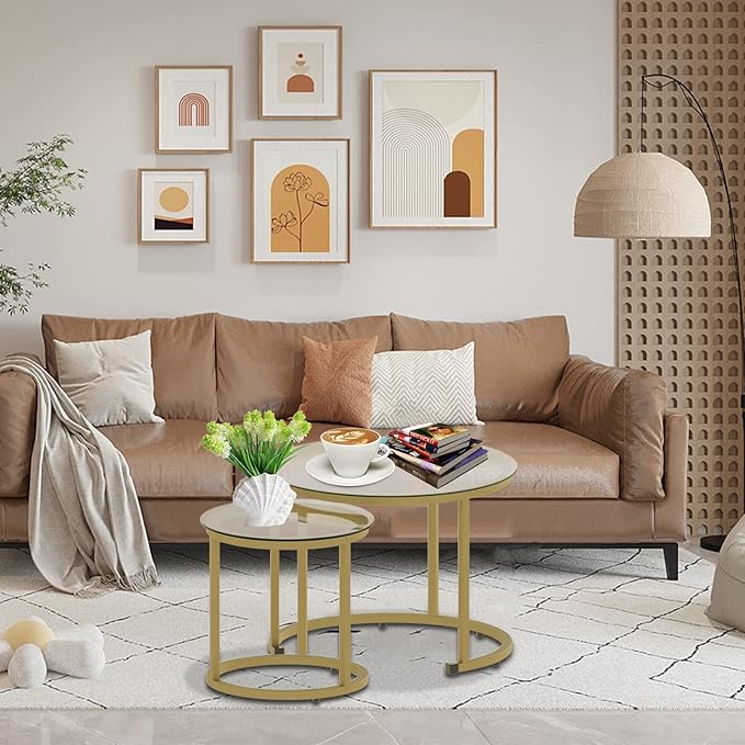 aboxoo Gold Nesting Coffee Table Set of 2, Small Glass Round Nesting Tables for Living Room Bedroom, Accent Tea Table with Metal Frame Modern Industrial Simple