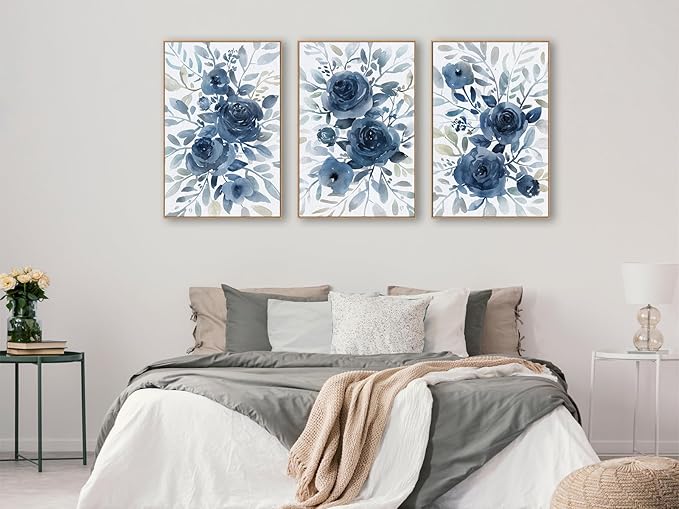 Large Retro Framed Wall Art - Natural Float Framed Blue Flowers White Canvas Pictures for Living Room Decor Indigo Floral Leaf Artwork for Bedroom Kitchen Home Office Decoration 72" X 36" Set of 3