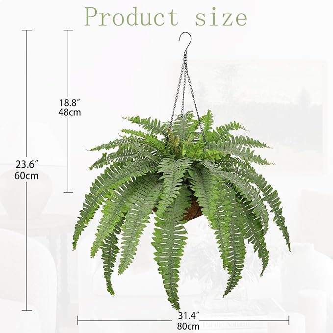 Fake Hanging Plants Large Boston Fern Artificial Plants Outdoor Realistic Fake Ferns with Palm Basket Silk Plants Ferns Hanging Plant Artificial Decor for Home Front Porch Window Garden - Dusty Green