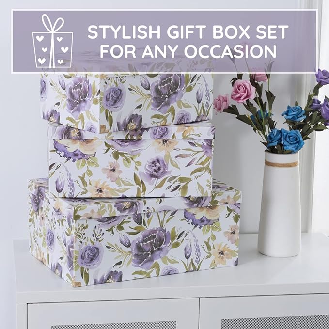 Soul & Lane Decorative Cardboard Storage Boxes with Lids for Home Decor and Organization, Set of 3 Large Keepsake Boxes for Memories & Gifts, Nesting Floral Photo Storage Containers, Purple Passion