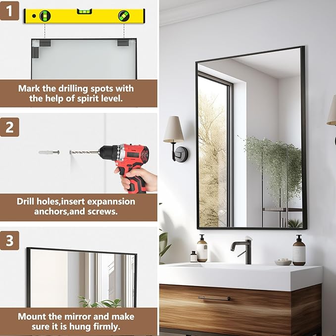 Black Bathroom Mirror, 20"x30" Rectangle Mirror, Matte Black Mirror, Metal Frame Square Corner Vanity Mirror, Wall Mounted Mirror for Modern, Living Room, Bedroom, Horizontal Or Vertical