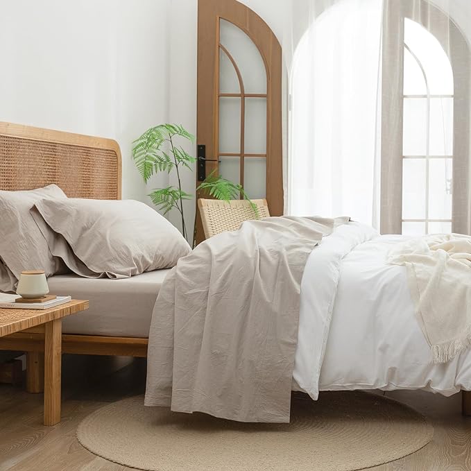 BESTOUCH Sheet Set 100% Washed Cotton Linen Feel Super Soft Comfortable Chic Lightweight 4 Pcs Home Bedding Set Solid Linen Grey King