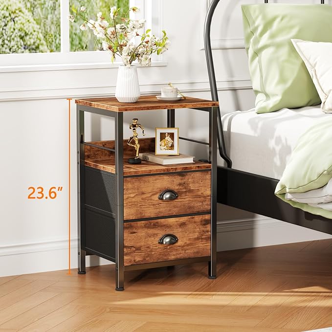 Furologee Nightstand with 2 Fabric Drawers, Bedside Table End Tbale with 2-Tier Shelf, Side Table with Hooks and Wood Top for Bedroom/Living Room/Hallway/Rustic Brown