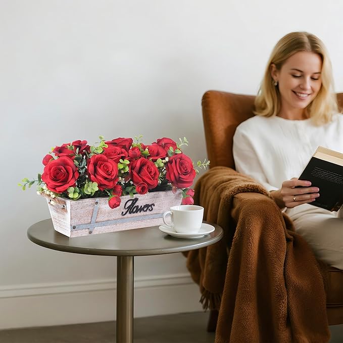 Centerpiece Table Decorations Rustic Wood Tray with 3 Artificial Red Rose Flowers and Fake Eucalyptus for Dining Room Farmhouse Living Room Kitchen and Coffee Table Décor