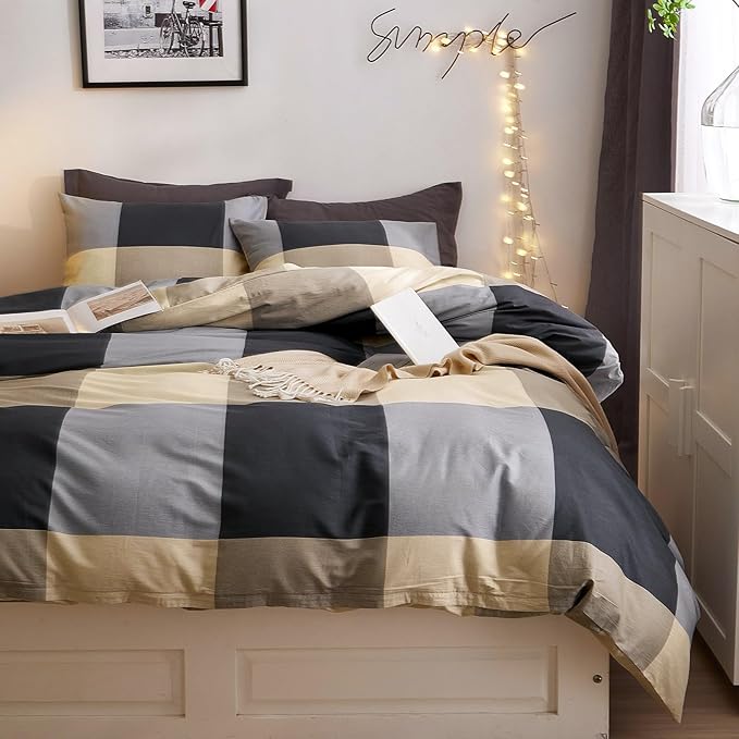 VM VOUGEMARKET Cotton Full Duvet Cover Set,3 Pieces Black Gray Plaid Duvet Cover with 2 Pillowcases Modern Simple Checkered Comforter Cover for Teens Boys Men-80x90 Inch