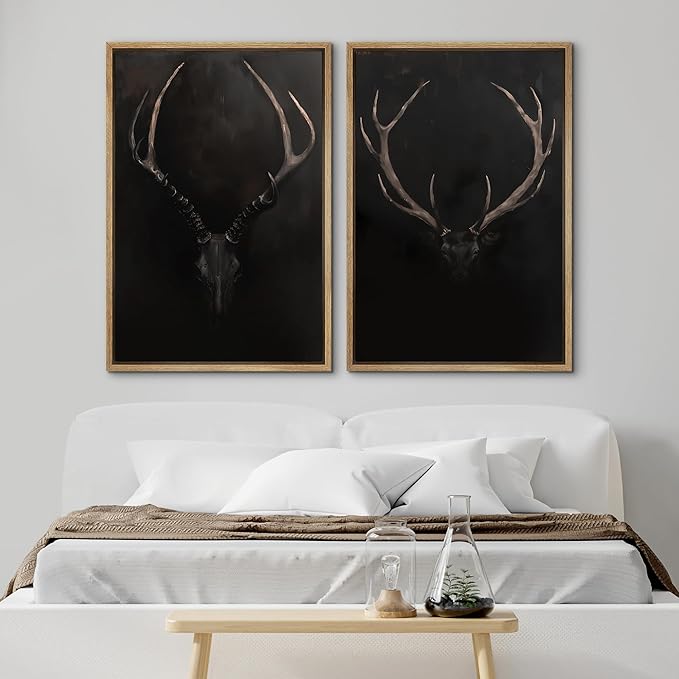 SIGNWIN Framed Canvas Print Wall Art Rustic Antler Skull Dark Dramatic Black Vintage-Inspired Deer and Elk Antlers Illustrations Decorative for Living Room, Bedroom, Office - 24"x36"x2 Natural