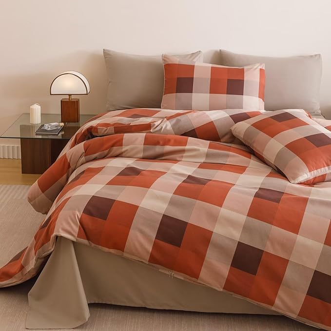 Cottonight Checkered Red Comforter Set King Men Gingham Grid Bedding Set Red and Khaki Grid Comforter Fluffy Soft Blanket Quilts Modern Cottagecore Comforter with 2 Pillowcases for King Bed