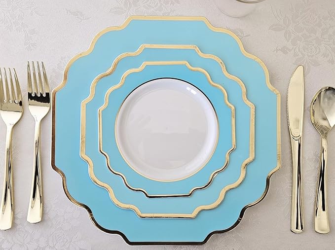 " OCCASIONS " 50 Plates Pack (25 Guests)-Heavyweight Wedding Party Disposable Plastic Plate Set -(25x10.5'' Dinner + 25x8'' Salad/dessert (Imperial Aqua/Gold)