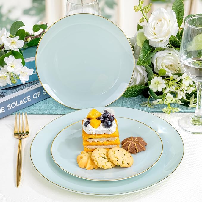 PULOTE 100PCS Sage Green Plastic Plates - Disposable Sage Green Include 50 Dinner / 50 Dessert Plates for Party, Wedding&Easter