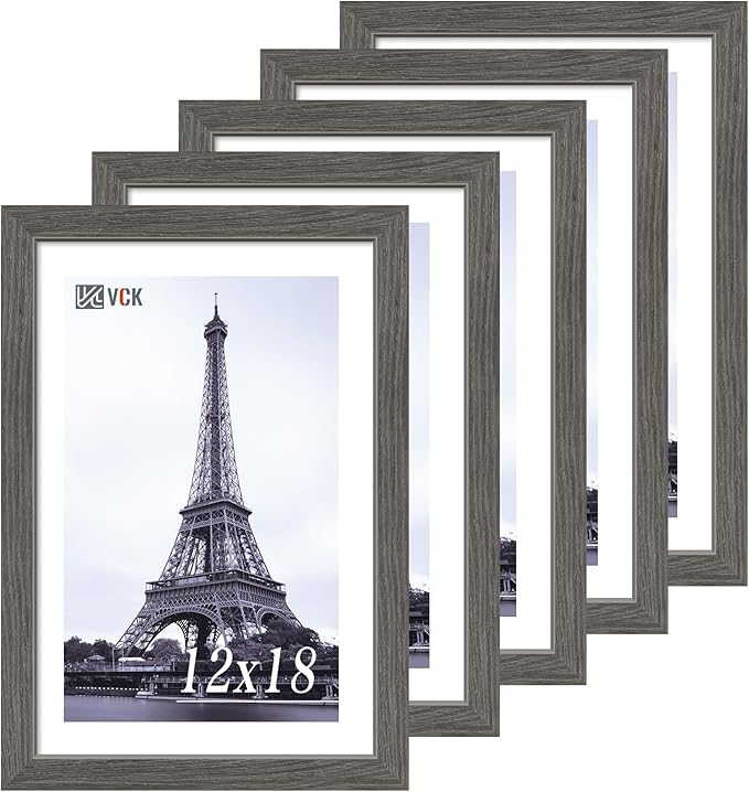 VCK 12x18 Frame Set of 5, Gray Solid Wood Poster Picture Frame, Exclusive Wood Grain, Wall Gallery Frame