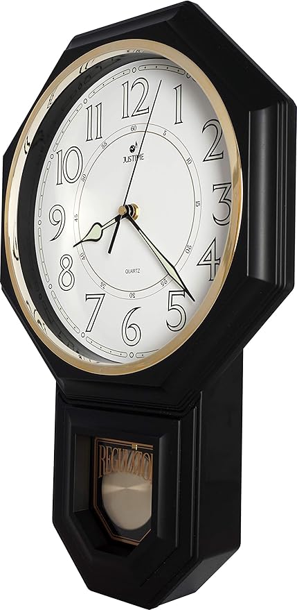 JUSTIME Traditional Schoolhouse Luminious Arabic Regulator Wall Clock, Chiming Wall Clocks with Pendulum & Westminster Chime Hourly, Schoolhouse Wall Decor Battery Operated (Matte Black)