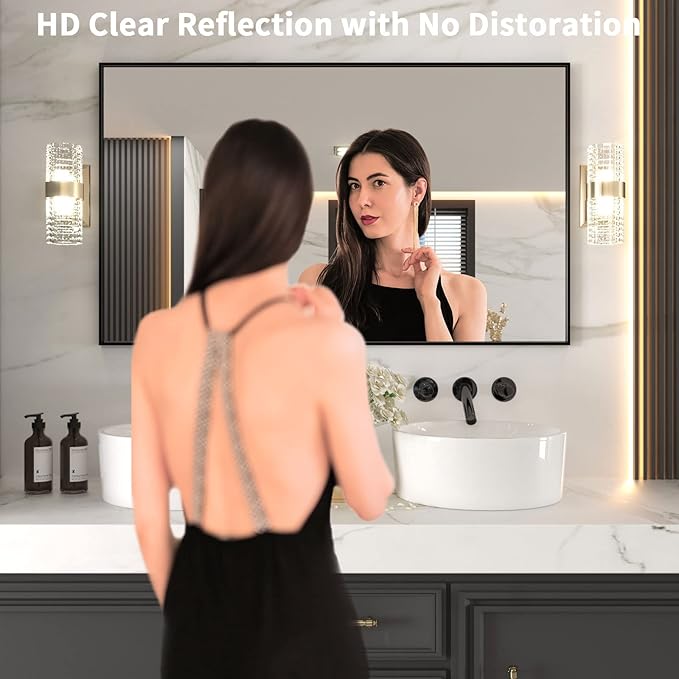 LOAAO 60"X36" Black Rectangle Bathroom Mirror Wall, Matte Black Aluminum Alloy Frame, Tempered Glass, Hangs Vertically or Horizontally, Easy to Install