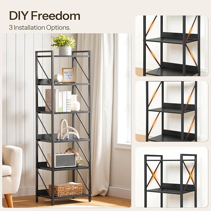 HOOBRO Bookshelf, 6-Tier Industrial Bookcase, Book Shelf Storage Organizer, Tall Bookshelf with Metal Frame for Living Room, Bedroom, Home Office, Kitchen, Black BB72SJ01