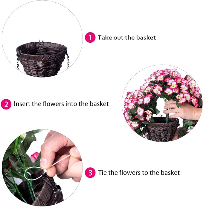 Artificial Hanging Flowers in Basket Fake Plant for Outside, Silk Pink Morning Glory Flower Arrangement for Outdoor Decor, UV Resistant Realistic Floral Planter for Porch Patio Balcony