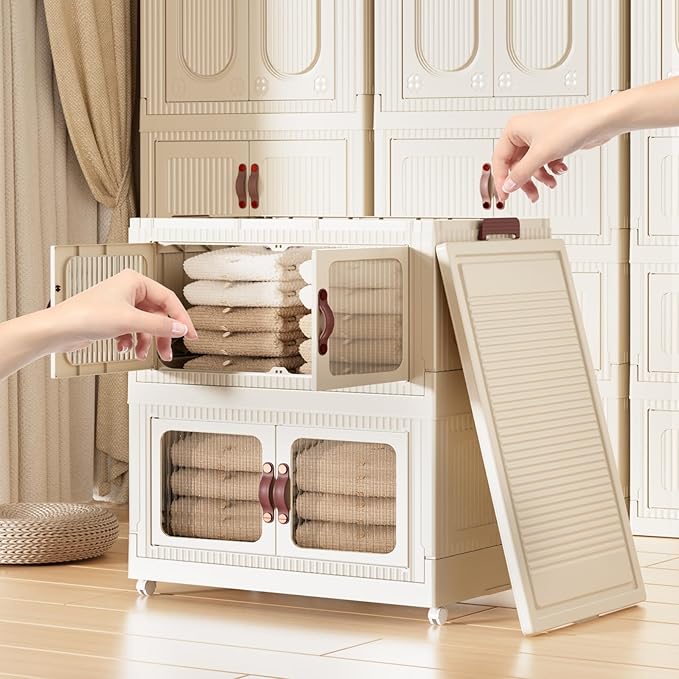 Stackable Storage Bins 55 Qt, Folding Storage Bins with Lids and Doors, Open Front Folding Storage Box with Wheels Plastic Storage Containers Closet Organizers Home Beige (1 Tier)