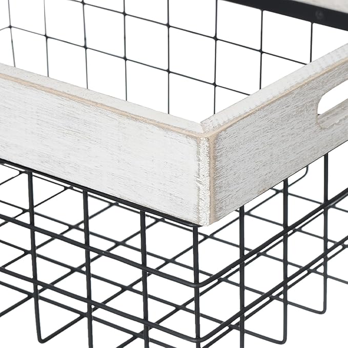 Set of 3 Metal Wire Baskets for Organizing Wood Top with Handles Storage Organizer Farmhouse Decor for Kitchen Cabinets Pantry Laundry Room Bathroom Closets Nesting Countertop Baskets