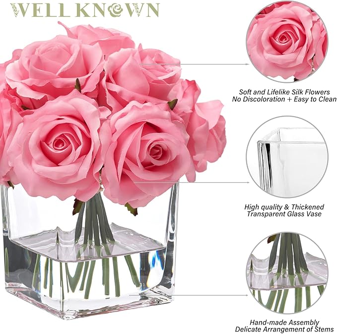 WELL KNOWN Rose Artificial Flowers in Vase with Faux Water, Silk Rose Table Centerpieces for Home Coffee Table Decor, Fake Roses Flower Arrangements for Office Hotel Lavatory Decor (Pink)