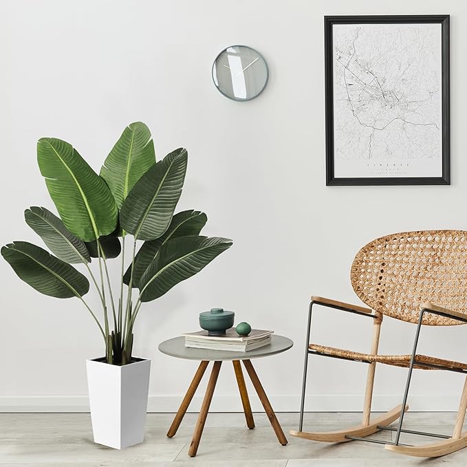 Bird of Paradise Artificial Plant 5ft - Faux Tropical Palm Potted Tree with White Planter - 5 Feet Fake Plants Areca Palm Tree Banana Leaf Plant in Pot for Home Office Decor
