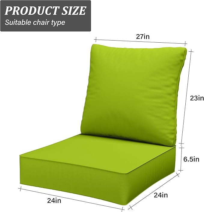 Outdoor Seat Cushion Set 24 x 24 x6.5 Inch Splash-Proof & Fade Resistant Patio Furniture Cushions with Removable Cover Deep Seat & Back Cushion with Straps for Chair Sofa Couch