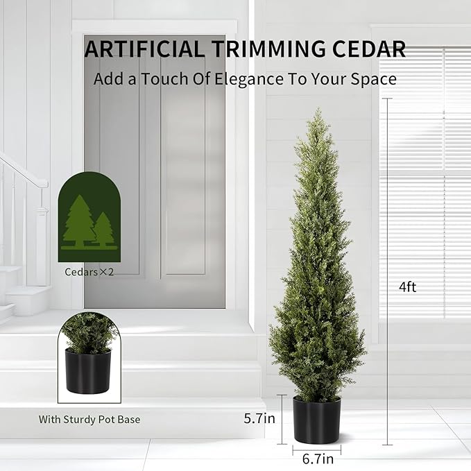 3 FT Artificial Cedar Topiary Trees 2 Set, Realistic Fake Cypress Tree Tall Faux Pine Shrubs Plants Artificial Cypress Trees for Home Offices Porch Decor (3 FT)