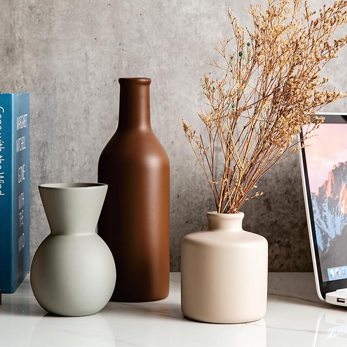 Ceramic Flower Vase Without Dried Fake Flowers, Small Vase for Centerpieces, Modern Vases for Home Decor- 3 Pcs