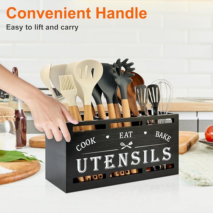 Extra Large Black Wood Utensil Holder Organizer Farmhouse Kitchen Decor Cutlery Spatula Holder Silverware Caddy Wooden Cooking Utensils Holder for Kitchen Countertop Utensil Crock Spoon Tools Holder