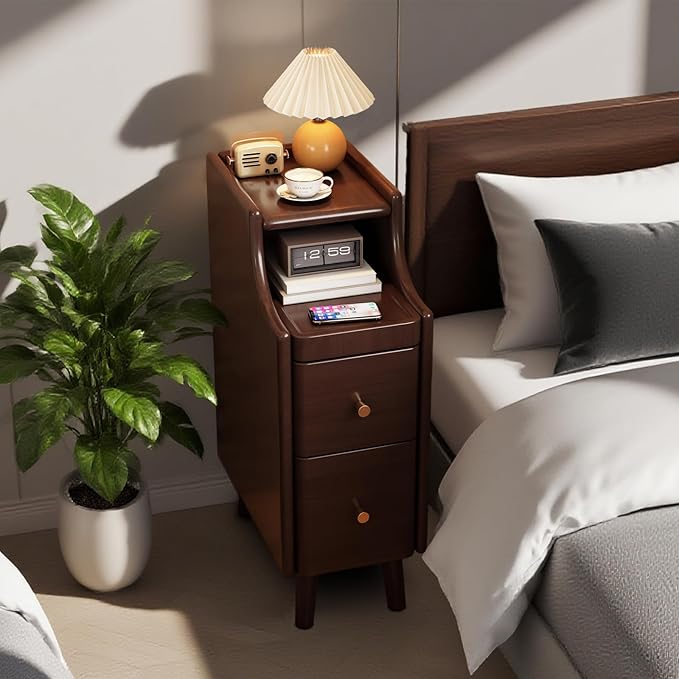 Narrow Nightstand with Drawers, Solid Wood Side Tables with Pull-Out Tray, Mid Century Modern Slim nightstand, Small Spaces Bedside Table, Skinny nightstand for Bedroom Living Room (1)