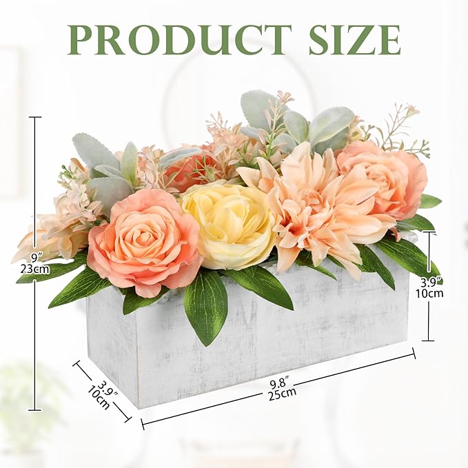 DILATATA Flower Arrangement with Wooden Vase 10" Artificial Flowers in Pot - Fake Flowers in White Rectangular Wooden Vase Potted Faux Flower Centerpieces for Table Decor Living Room - Orange