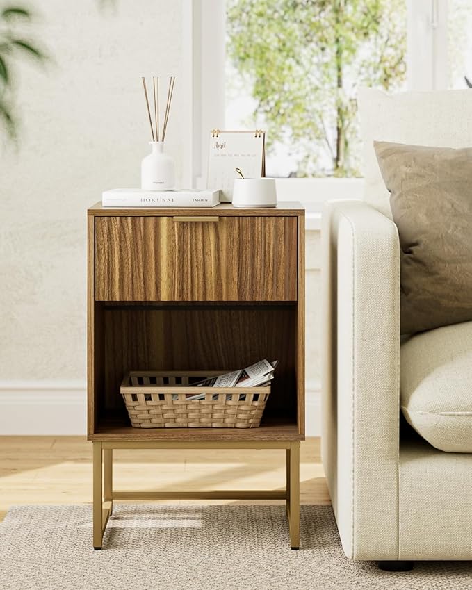 Masupu Fluted Nightstand,Modern Night Stand Wood Bedside Table with Storage Drawer Side End Table for Bedroom,Living Room,Office,Walnut Brown