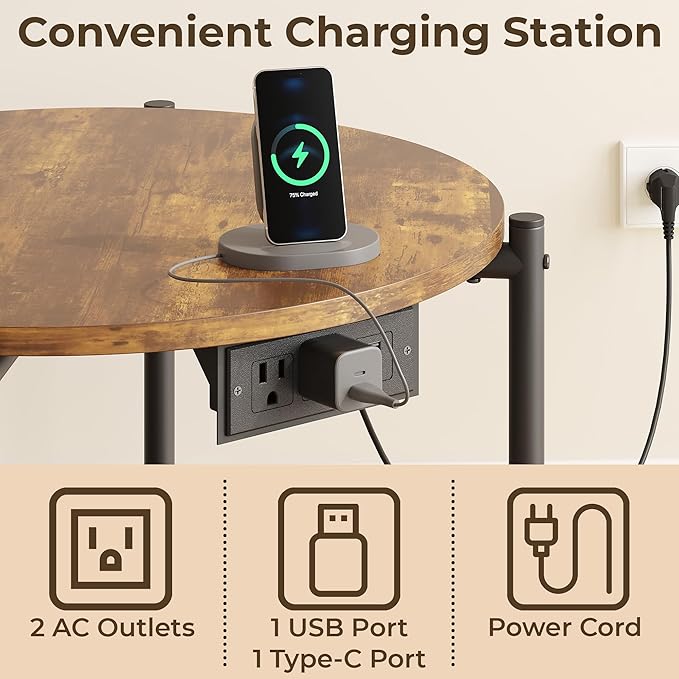 LIKIMIO Round End Table with Charging Station, 23.6" W Wooden Side Table with 2-Tier Storage, Modern Nightstand for Small Spaces, Living Room, Bedroom, Rustic Brown