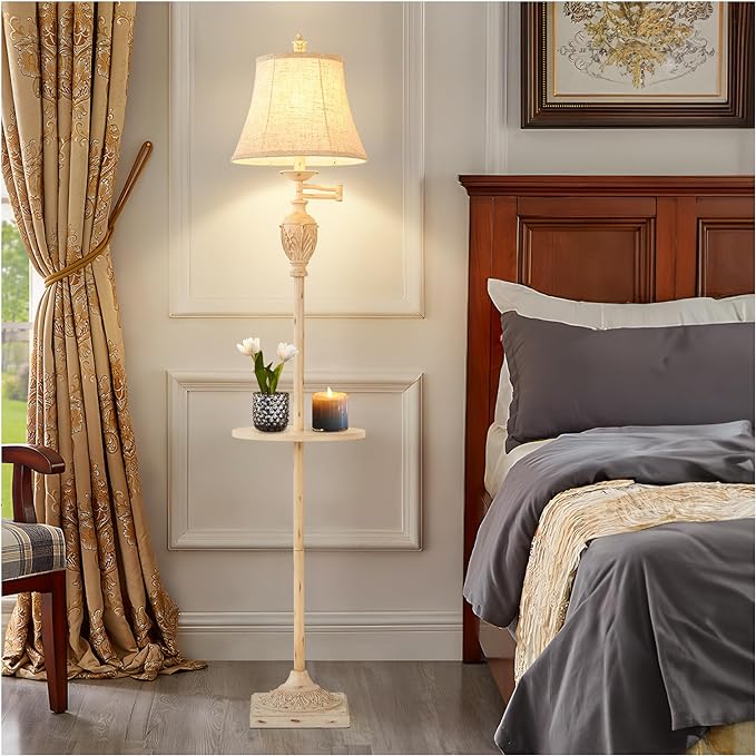Traditional LED Floor Lamp with 350° Adjustable Swing Arm Lamp – Vintage Standing Pole lamp for Living Room, Bedroom and Office – Rustic Upright Floor Light for Home Décor with Silk Fabric Shade