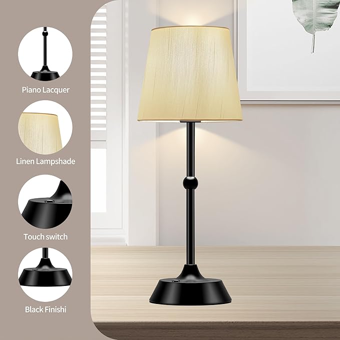 Set of 2 Portable Cordless LED Table Lamp,Touch Control Fabric Black Dimmable Desk Lamp,Built-in 6000mA Rechargeable Battery,Patio Table Lamp,Bedside Night Lamp,Ambient Light for Restaurant.