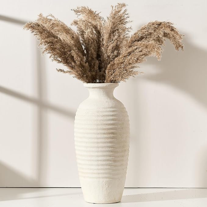 Ceramic Natural Rustic Vase, 14.4 Inch Large Vintage Flower Threaded Decorative Farmhouse Tall Vase for Home Decor, Living Room, Shelf Decor, Wedding, Housewarming Gift, Off-White