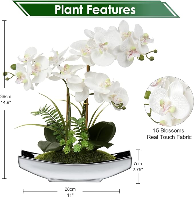 Briful Orchids Artificial Flowers 15" White Phalaenopsis Orchid with Silver Pots Real Touch Faux Orchid Plant for Home Office Living Room Table Decoration