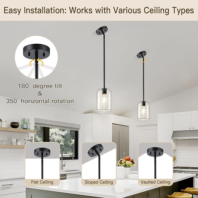 Black Pendant Light Fixtures, 6 Inch Clear Glass Shade Modern Farmhouse Pendant Lights Kitchen Island, Industrial Hanging Light Fixture Adjustable Stem Rod for Over Sink