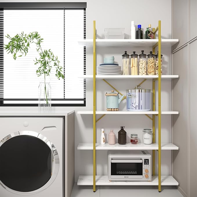 5 Tiers Bookshelf Organizer White Faux Marble Shelf,Modern Open Display Storage Bookcase, and Metal Bookshelf Standing Storage Shelf Tall Shelving Units for Home Office Study