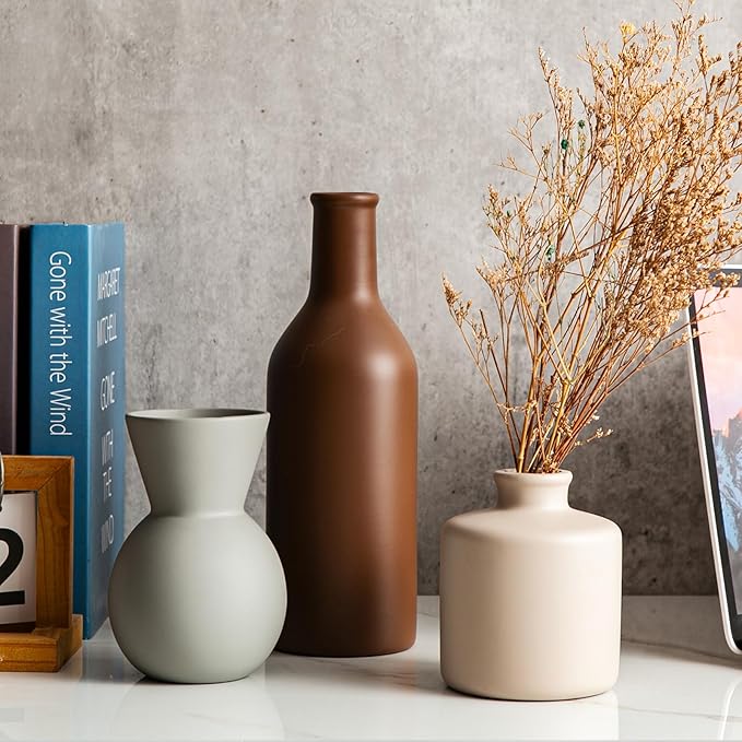 Ceramic Flower Vase Without Dried Fake Flowers, Centerpiece vases for Table, Modern Vases for Home Decor- 3 Pcs