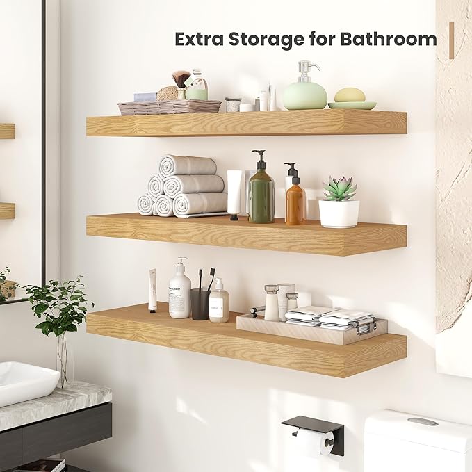 Heimlove 12 Inch Deep Floating Shelves, 16 x 12 inches Long Wall Shelf, Large Extra Display Shelf & Storage Shelf, Rustic Wood Wall Shelves for Fireplace Mantel, Oak - 2Pack