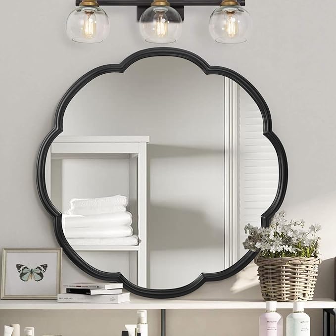 24" Black Mirrors for Wall, Flower Pattern Scalloped Decorative Accent Wall Mounted Mirror, Round Metal Frame Hanging Vanity Mirror Decor for Bathroom, Entryway, Bedroom