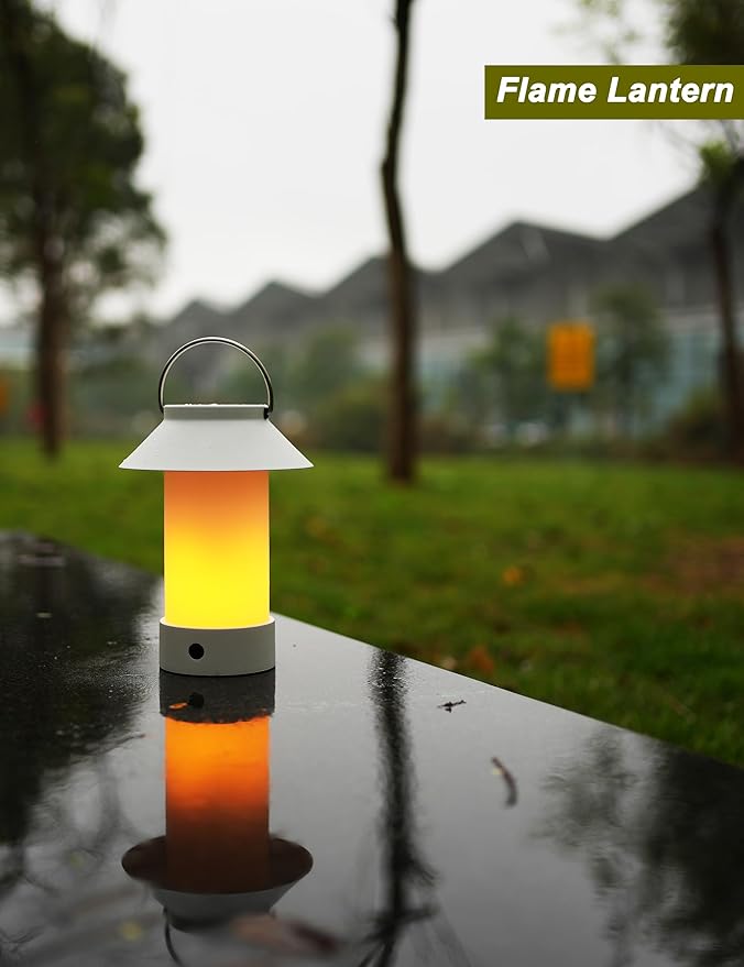 Rechargeable Outdoor Lantern Waterproof, Dimmable Warm White & Flickering Flame Mood Light, Portable Cordless Table Lamp for Patio/Camping/Shower/Emergency Power Outage (Khaki)