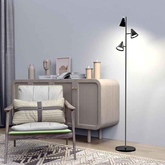 Floor Lamp 3 LED Lights with Magnetic Remote Control Tall Standing Rotatable Dimmable Lighting 5 Color Temperatures 6500K 25W 63" for Bedroom Reading Room Office